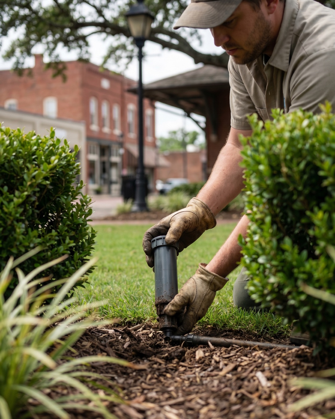 ManageMowed technician inspecting an irrigation head in a dark mulch bed with historic Olde Town Conyers brick storefronts softly in the background