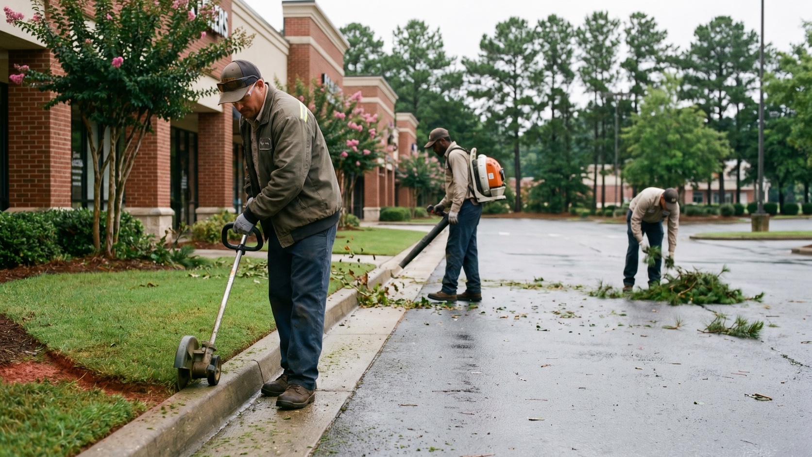 ManageMowed crew edging and blowing a Conyers retail center after a Georgia summer thunderstorm