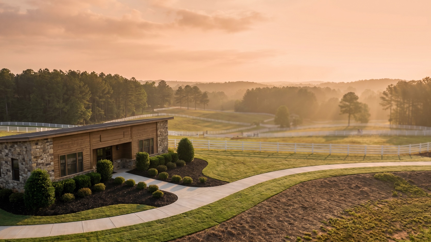 Elevated golden-hour view of rolling Georgia Piedmont pines and a commercial corridor near the Georgia International Horse Park in Conyers
